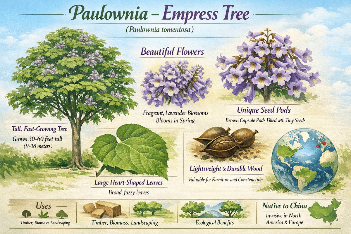 Paulownia Empress Tree infographic showing the fast-growing tree, lavender spring flowers, heart-shaped leaves, seed pods, lightweight durable wood, common uses, and native range.