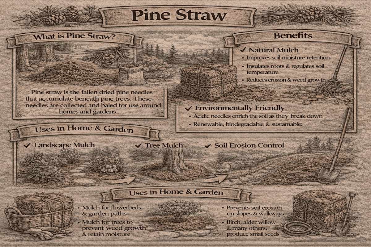 Pine straw infographic showing what pine straw is, its benefits, and common uses in home and garden landscapes.