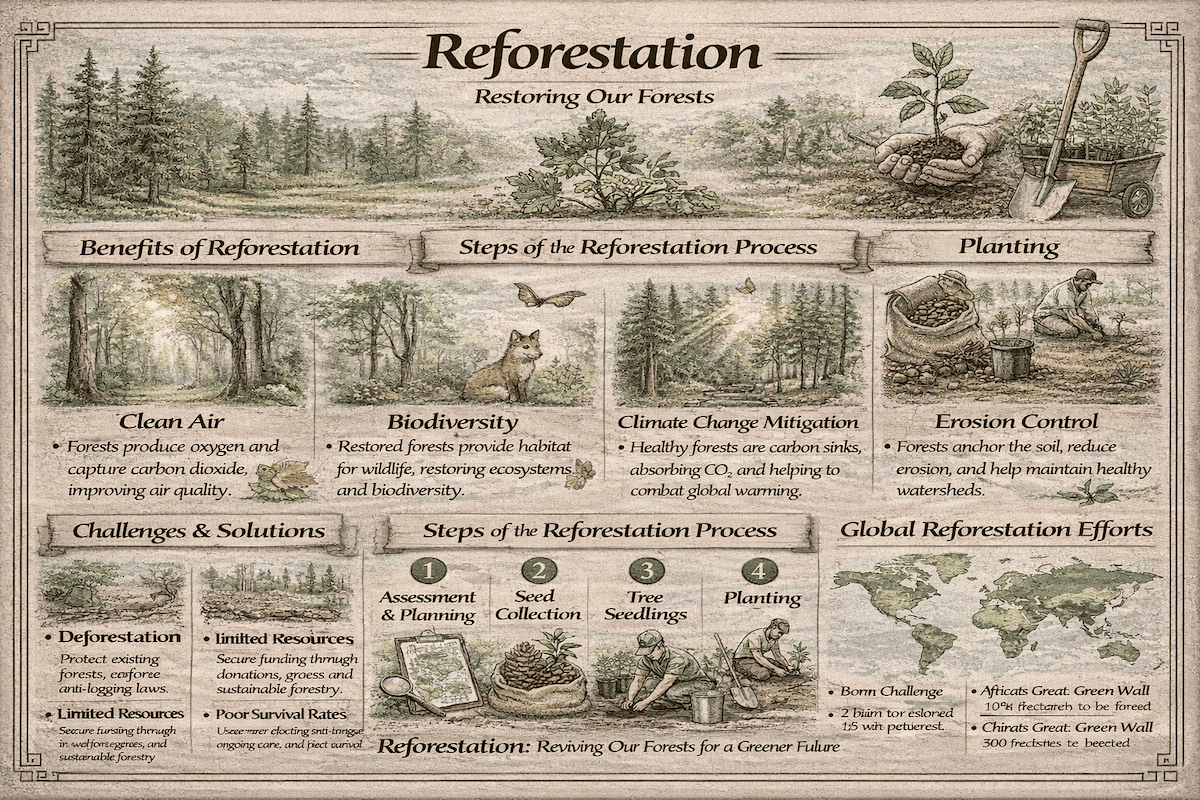 Reforestation infographic showing the benefits of reforestation, planting methods, challenges and solutions, key restoration steps, and global reforestation efforts.
