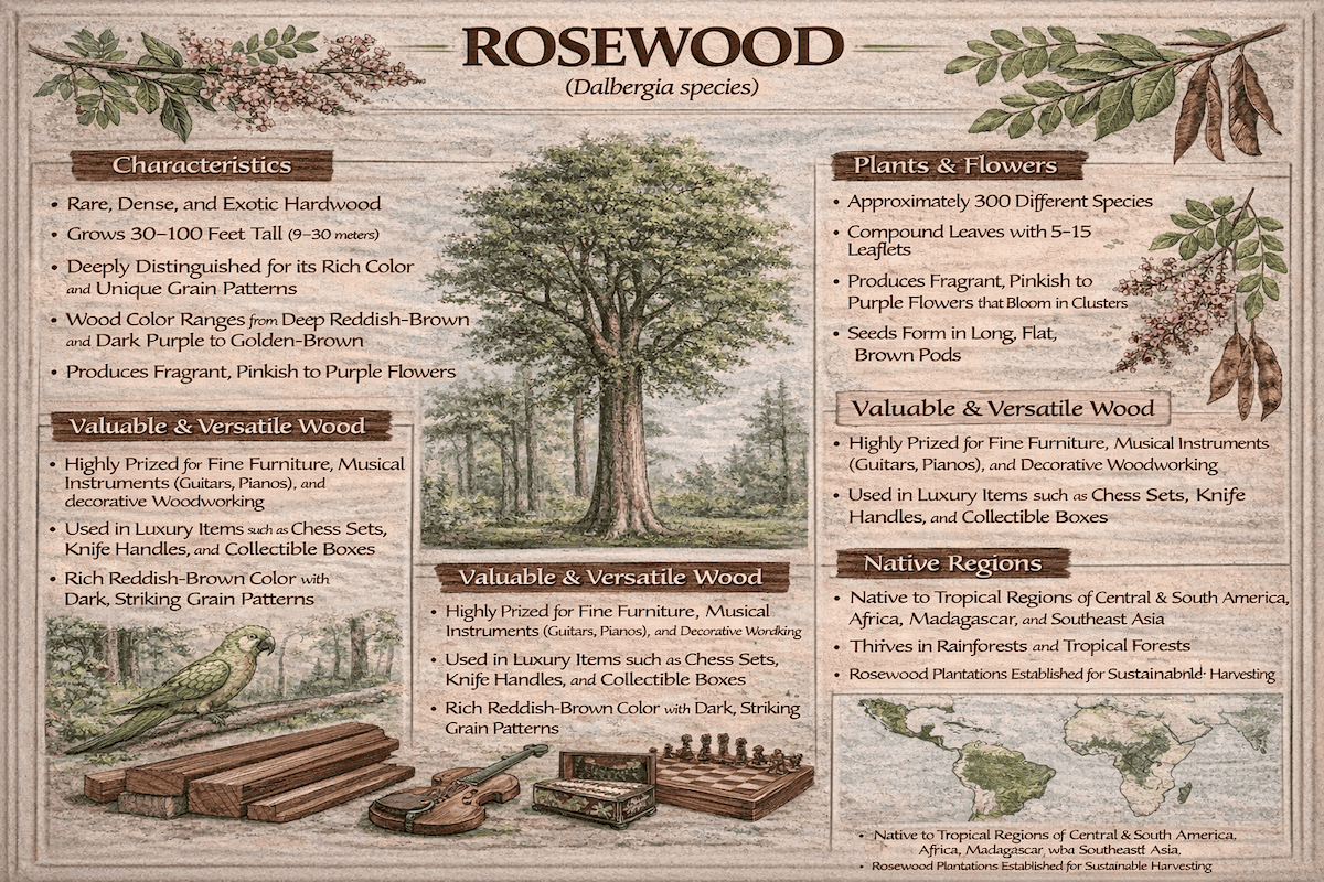 Rosewood infographic showing characteristics, flowers, native regions, and valuable wood uses of Dalbergia species.
