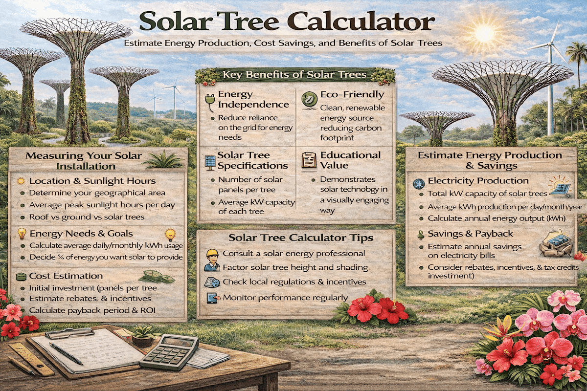 Solar tree calculator infographic showing how to measure a solar tree installation, estimate energy production and savings, evaluate solar tree specifications, and review key benefits and calculator tips.