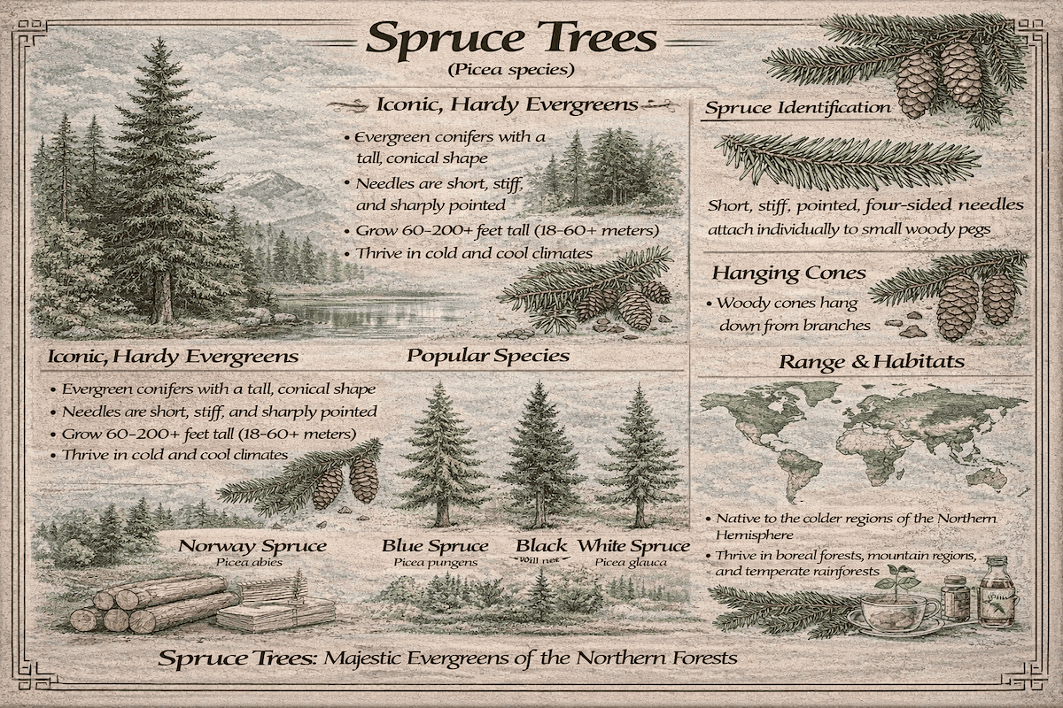 Spruce trees infographic showing spruce identification, hanging cones, popular species, and range and habitat information for Picea species.