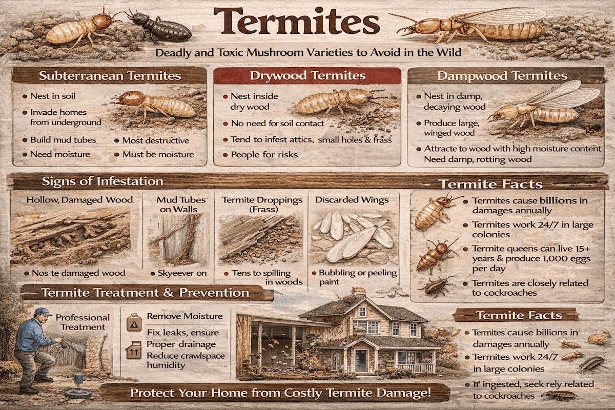 Termites infographic showing subterranean termites, drywood termites, dampwood termites, signs of infestation, termite facts, and termite treatment and prevention tips.