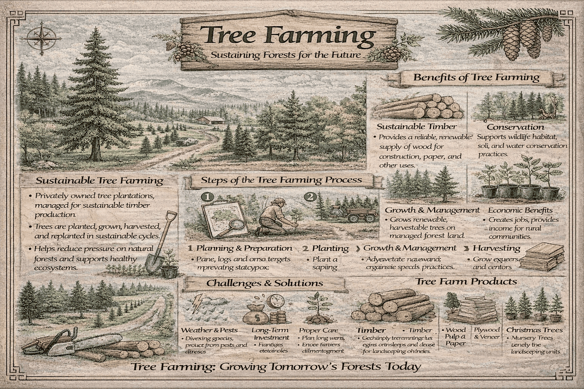 Tree farm infographic showing sustainable tree farming, benefits of tree farming, the tree farming process, challenges, and common tree farm products.
