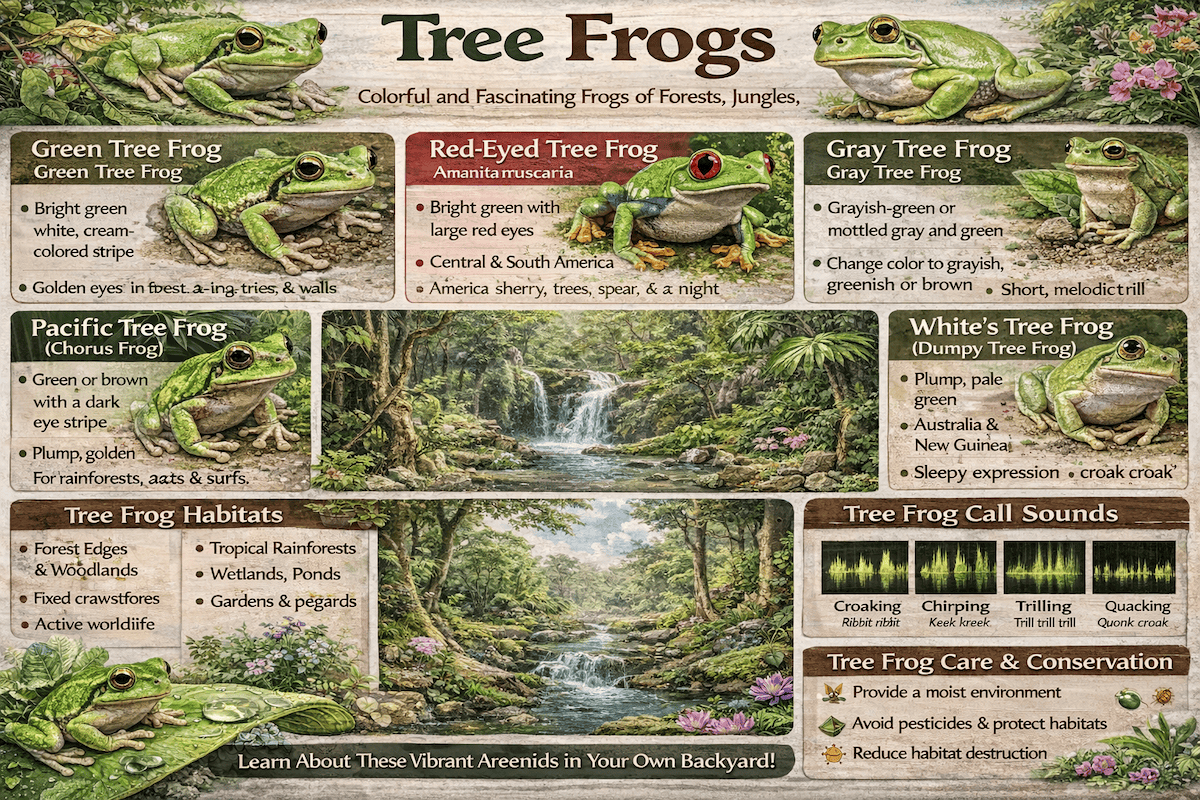 Tree frogs infographic showing common types of tree frogs, key traits, habitats, colors, and facts about these small climbing amphibians.
