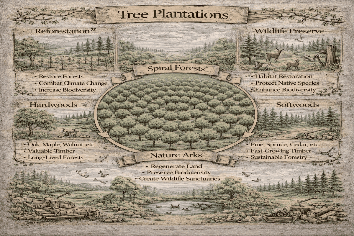 Tree plantation infographic showing crop circle tree plantations, hardwoods, softwoods, reforestation, wildlife refuge, and the benefits of spiral forest design.