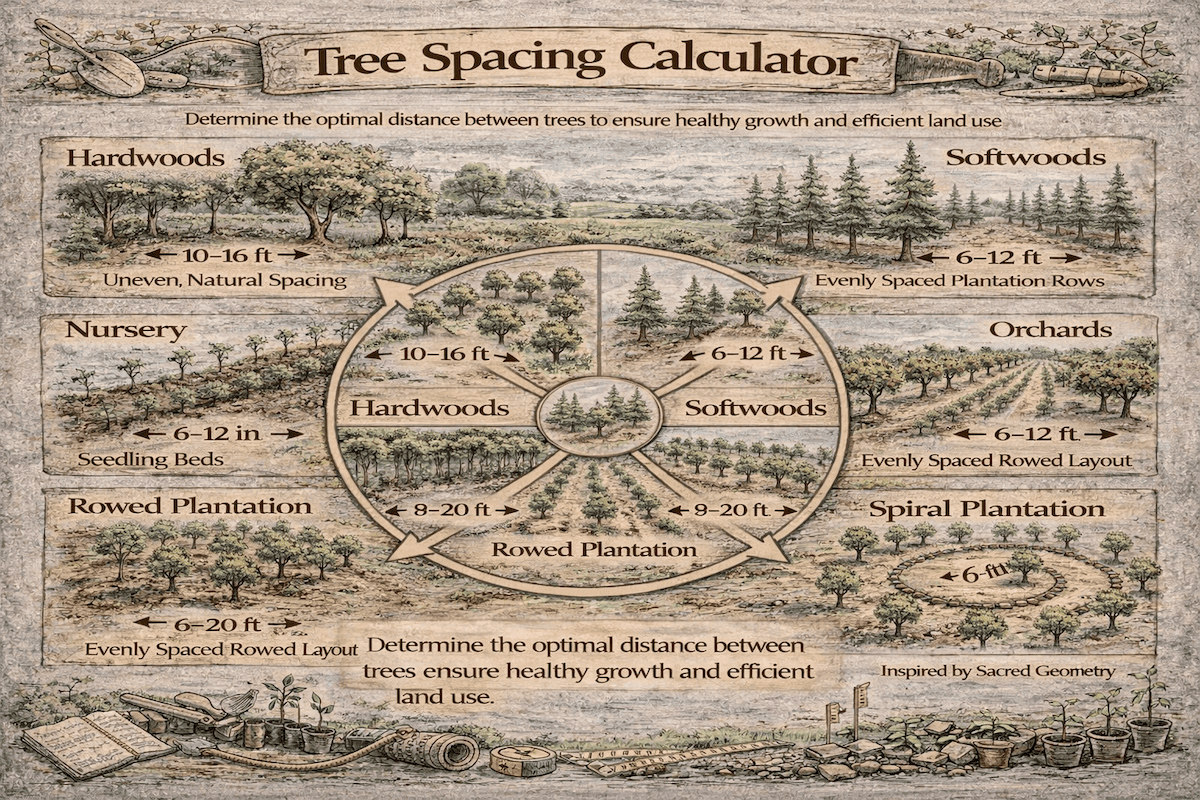 Tree spacing calculator infographic showing spacing guidelines for hardwoods, softwoods, nursery seedlings, orchards, rowed plantations, and spiral plantations.