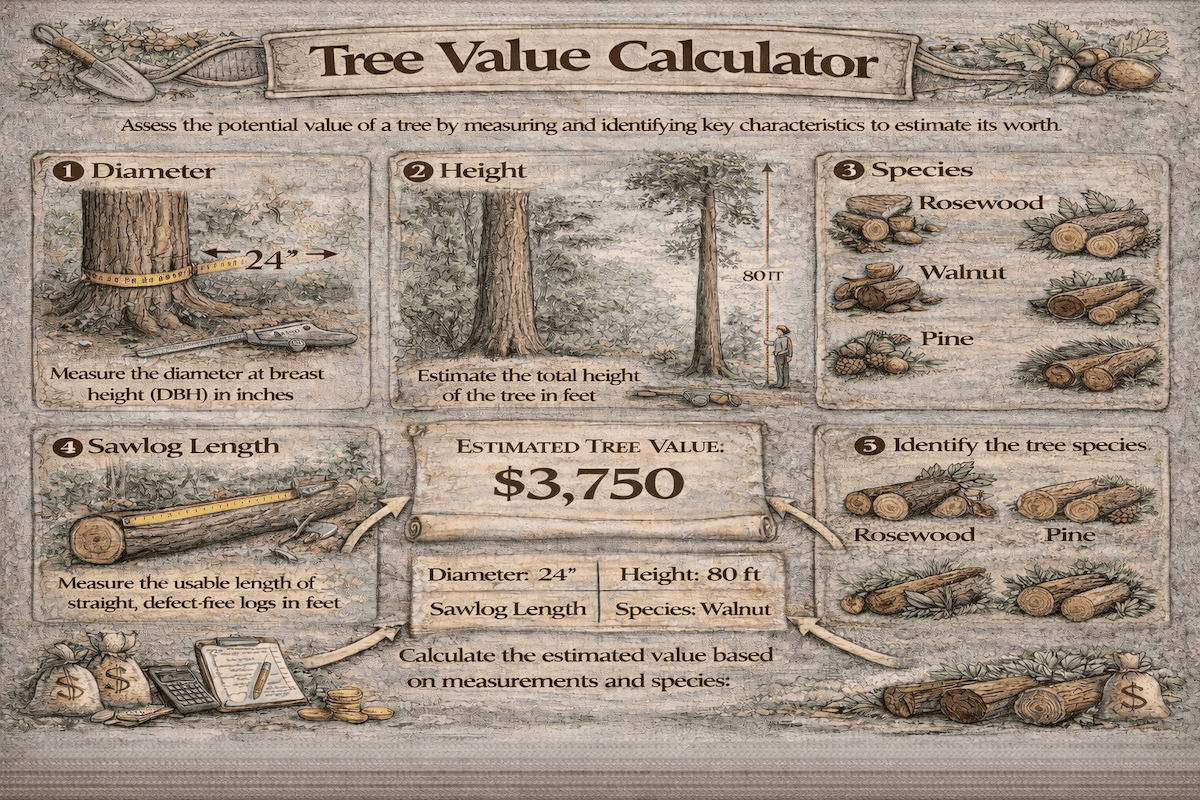 Tree value calculator infographic showing how diameter at breast height, tree height, species, sawlog length, and log quality affect estimated tree value.