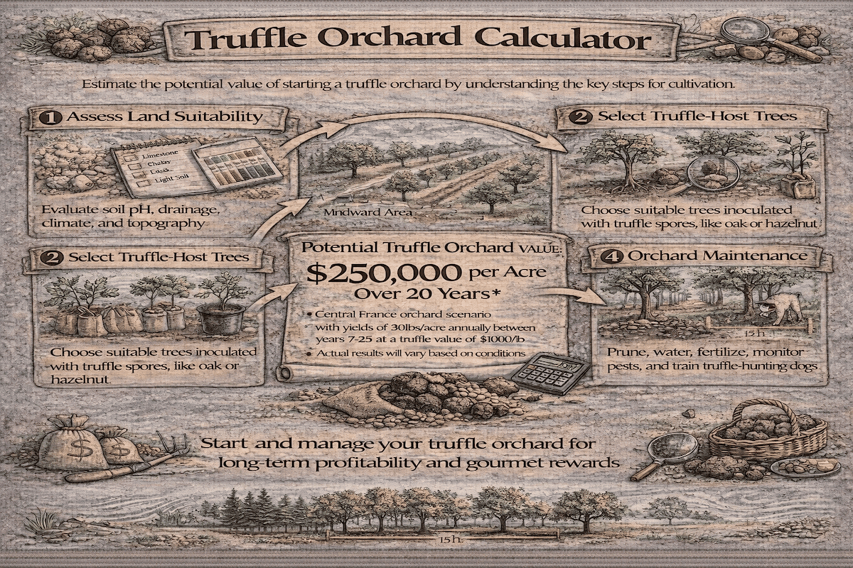 Truffle orchard calculator infographic showing land suitability, selecting truffle-host trees, orchard maintenance, and potential truffle orchard value per acre over 20 years.