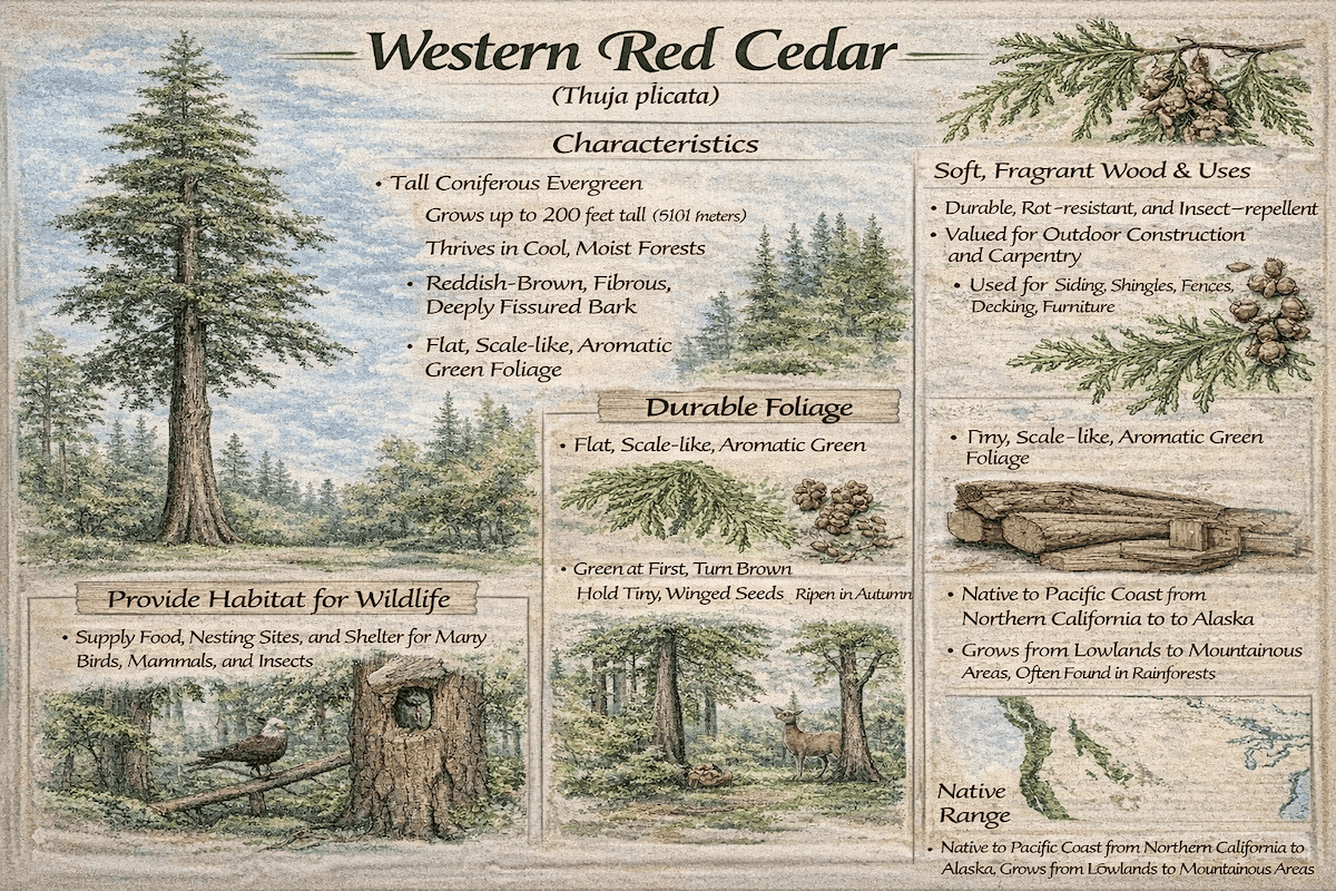 Western red cedar infographic showing characteristics, aromatic foliage, wood uses, wildlife habitat value, and native range of Thuja plicata.