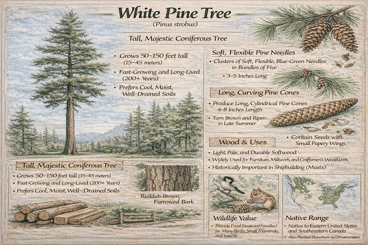 White pine tree infographic showing Pinus strobus characteristics, needles, cones, bark, wood uses, wildlife value, and native range.