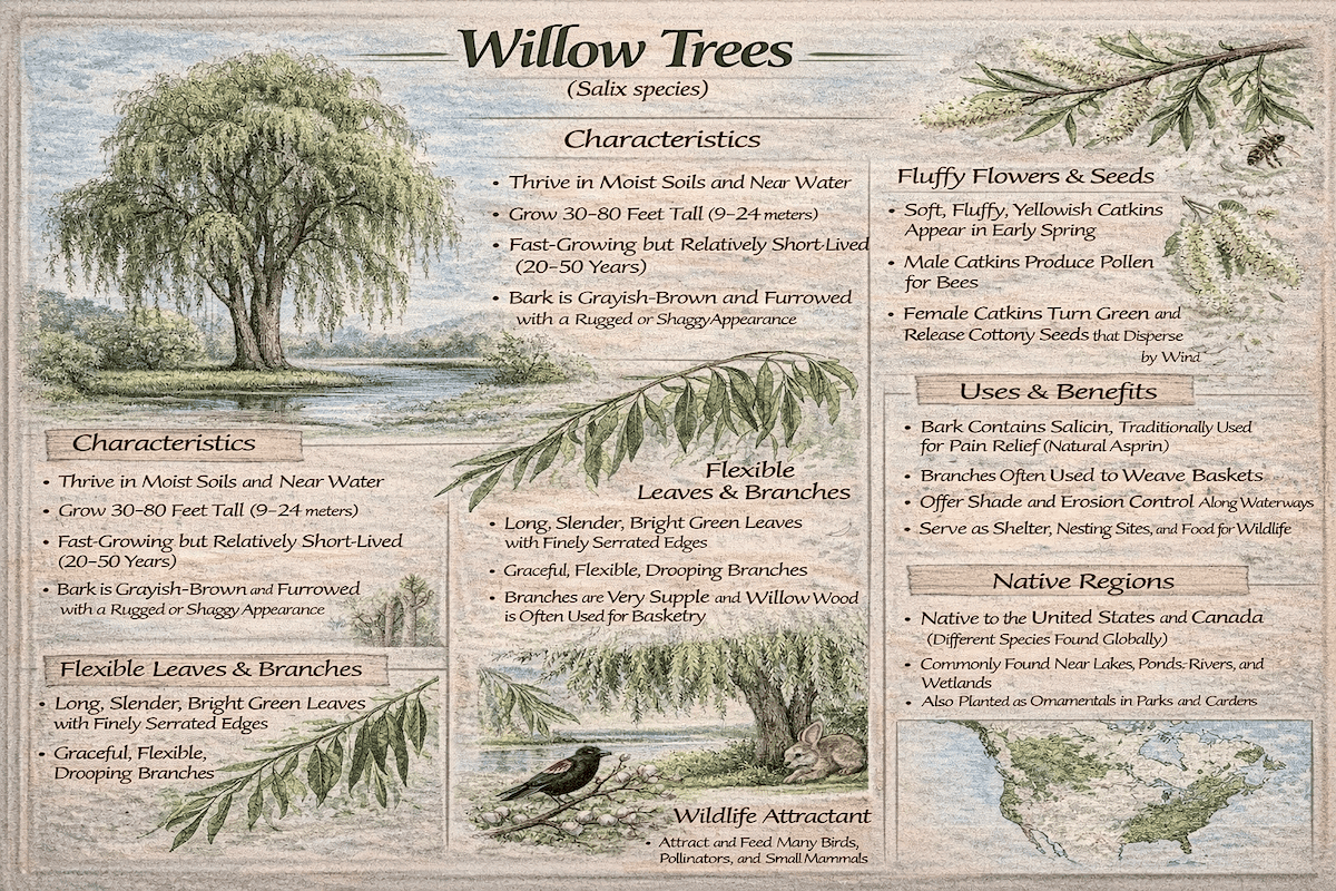 Willow trees infographic showing willow tree characteristics, flexible leaves and branches, fluffy flowers and seeds, uses and benefits, wildlife value, and native regions.