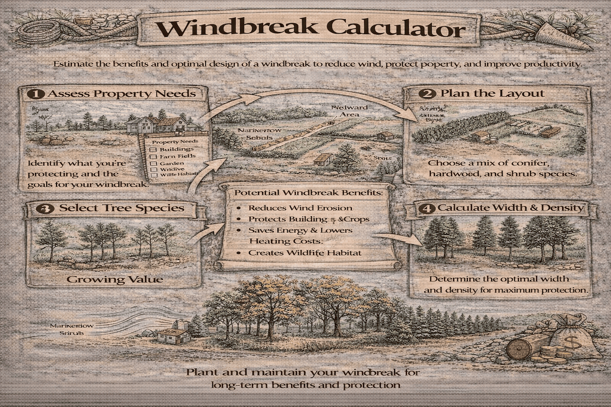 Windbreak calculator infographic showing how to assess property needs, plan the layout, select tree species, calculate width and density, and understand the benefits of planting a windbreak.