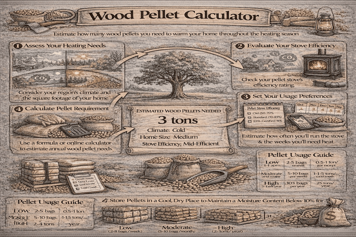 Wood pellet calculator infographic showing how to assess heating needs, evaluate stove efficiency, set usage preferences, estimate pellet requirements, and understand annual pellet usage.