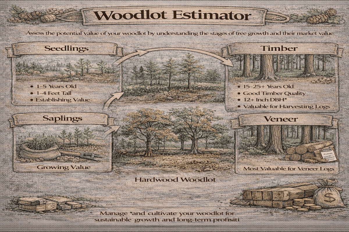 Woodlot estimator infographic showing seedling, sapling, timber, and veneer stages of hardwood woodlot growth and value.
