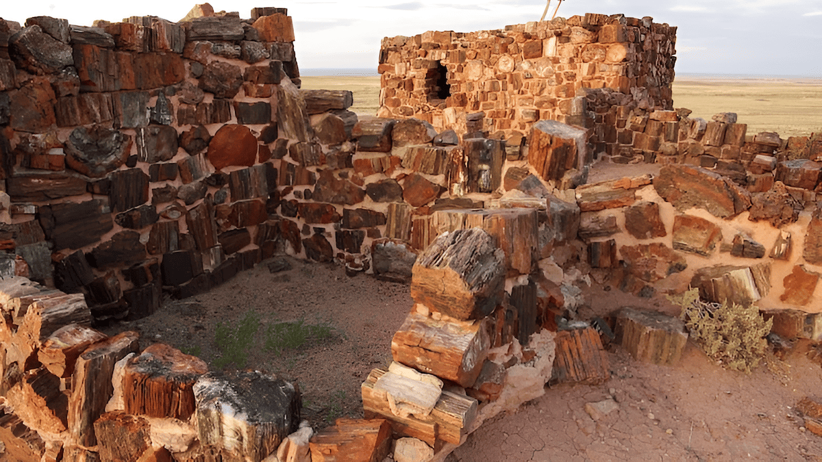 Agate House pueblo built from blocks of colorful petrified wood