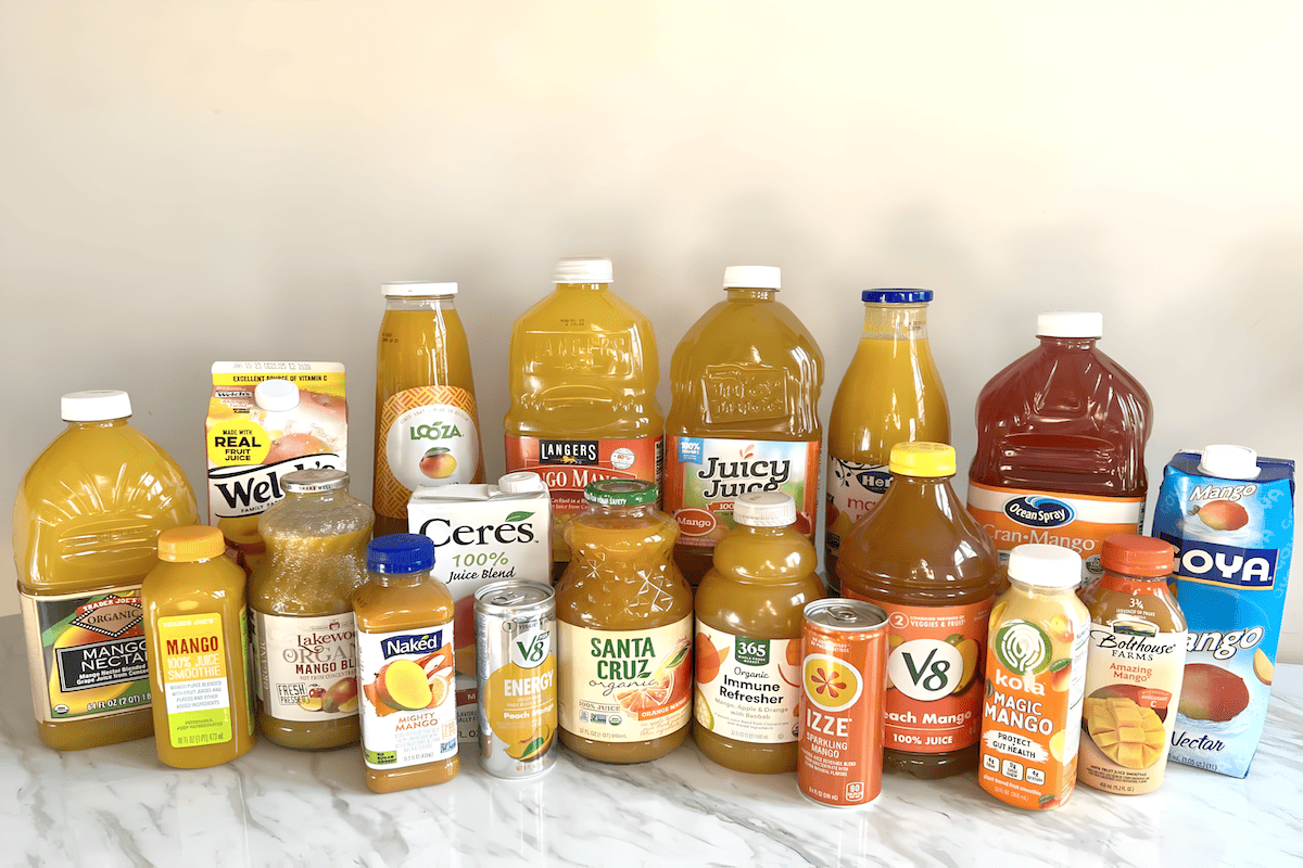 bottles of popular mango juice brands