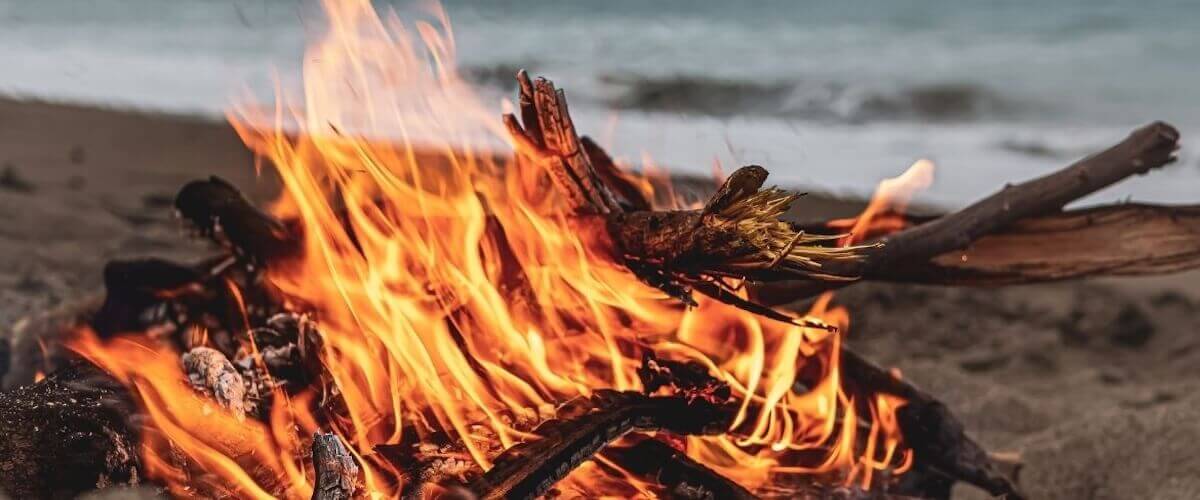 Burning driftwood firewood on the beach showing freshwater vs saltwater wood differences