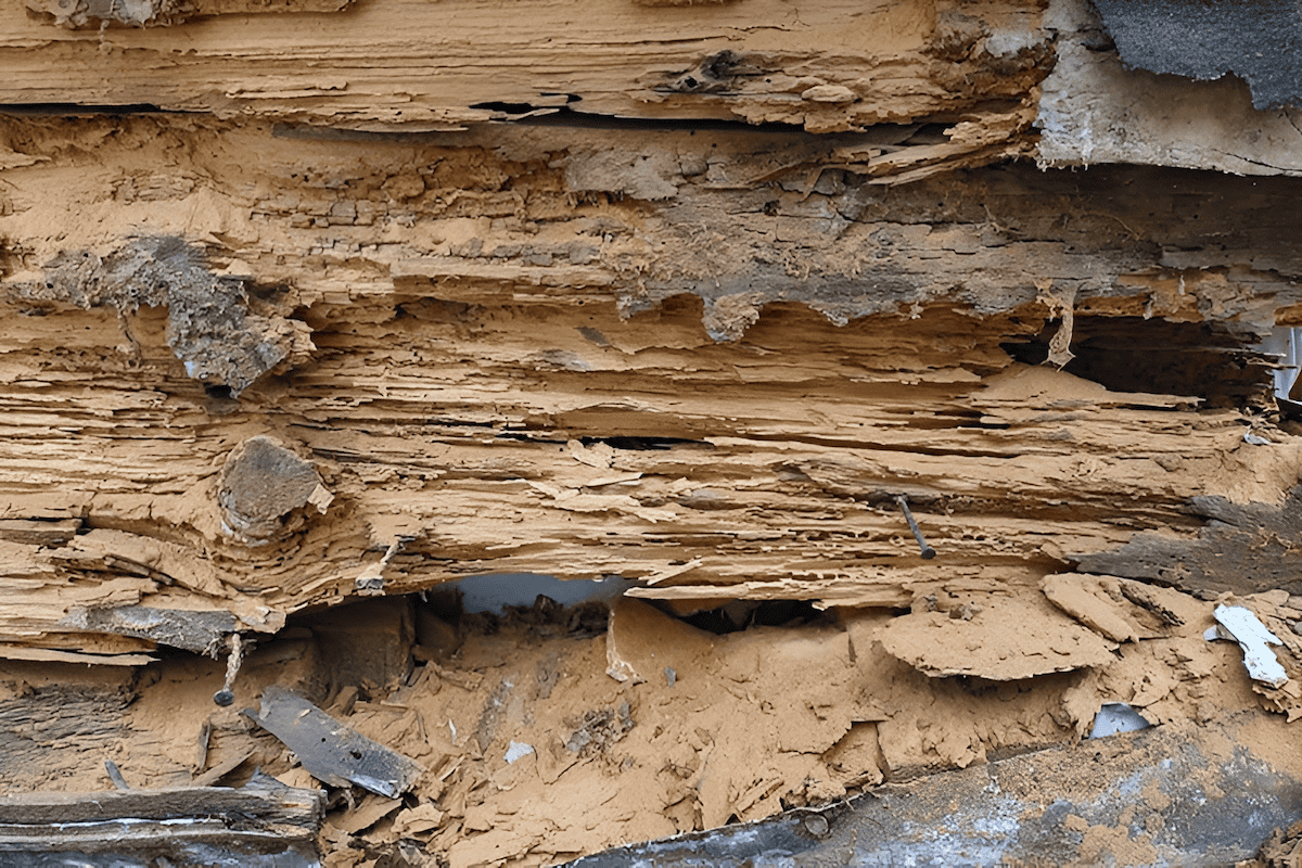 Spruce wood beam damage caused by carpenter ants