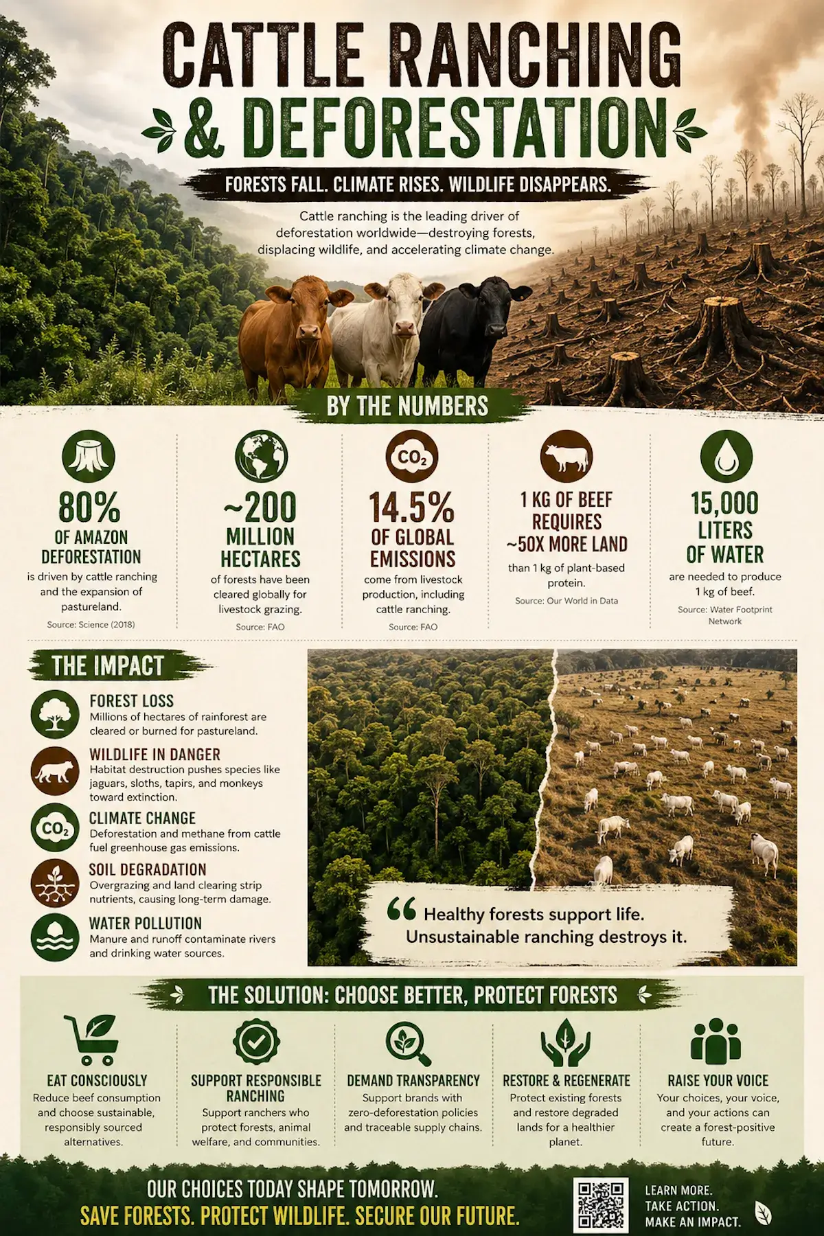 Cattle ranching and deforestation infographic showing rainforest clearing, cattle pasture expansion, forest loss, wildlife habitat destruction, carbon emissions, soil degradation, water use, and sustainable ranching solutions.