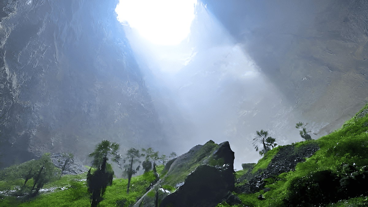 forested sinkhole in China with lush vegetation and vertical rock walls