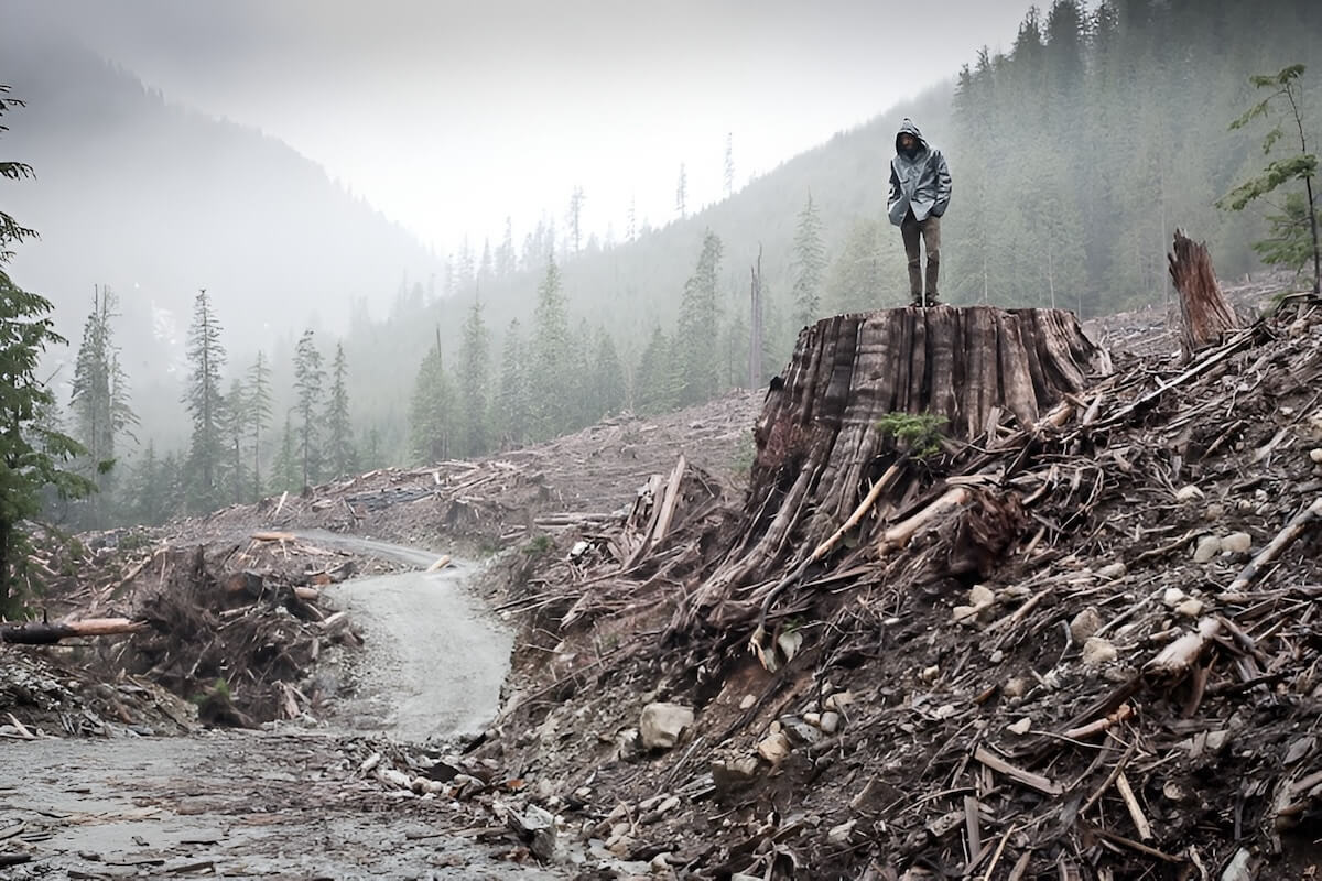 Clear-cutting logging site with large tree stump, deforested hillside, and exposed soil illustrating environmental impact of clear cutting