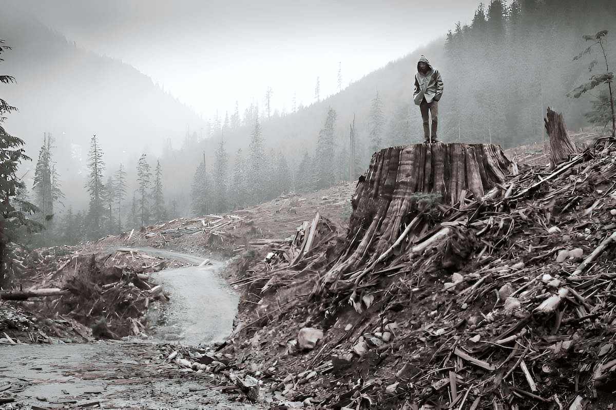 Clear-cut forest leaving few trees and degraded land