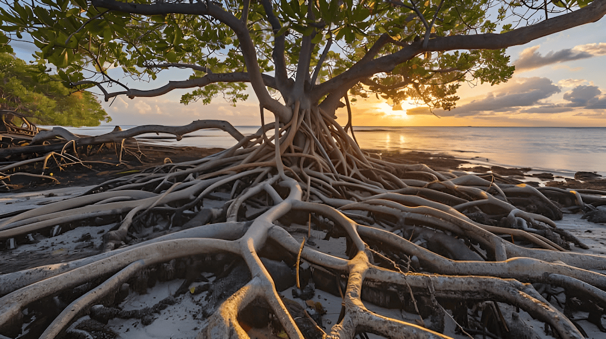 tropical red mangroves protecting a coastal shoreline