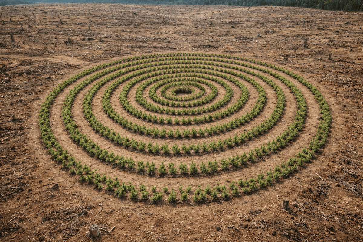 Softwood tree plantation infographic showing young conifer seedlings planted in a crop circle spiral design for reforestation, timber production, and carbon capture.