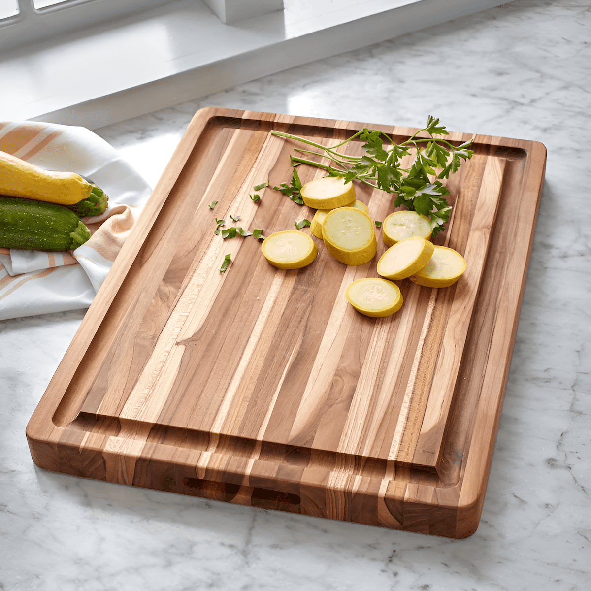 cutting board with juice grooves catching meat and fruit juices
