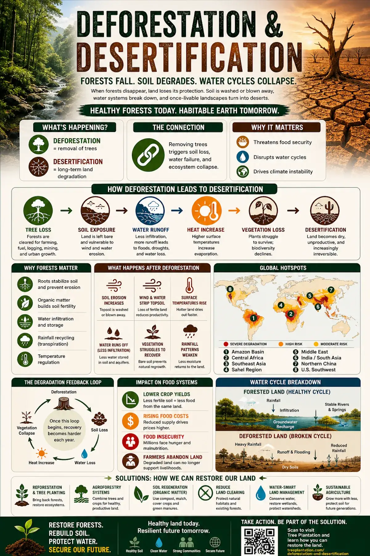 Deforestation and desertification infographic showing how forest loss causes soil exposure, water runoff, heat increase, vegetation loss, desertification, food insecurity, water cycle breakdown, global hotspots, and land restoration solutions.