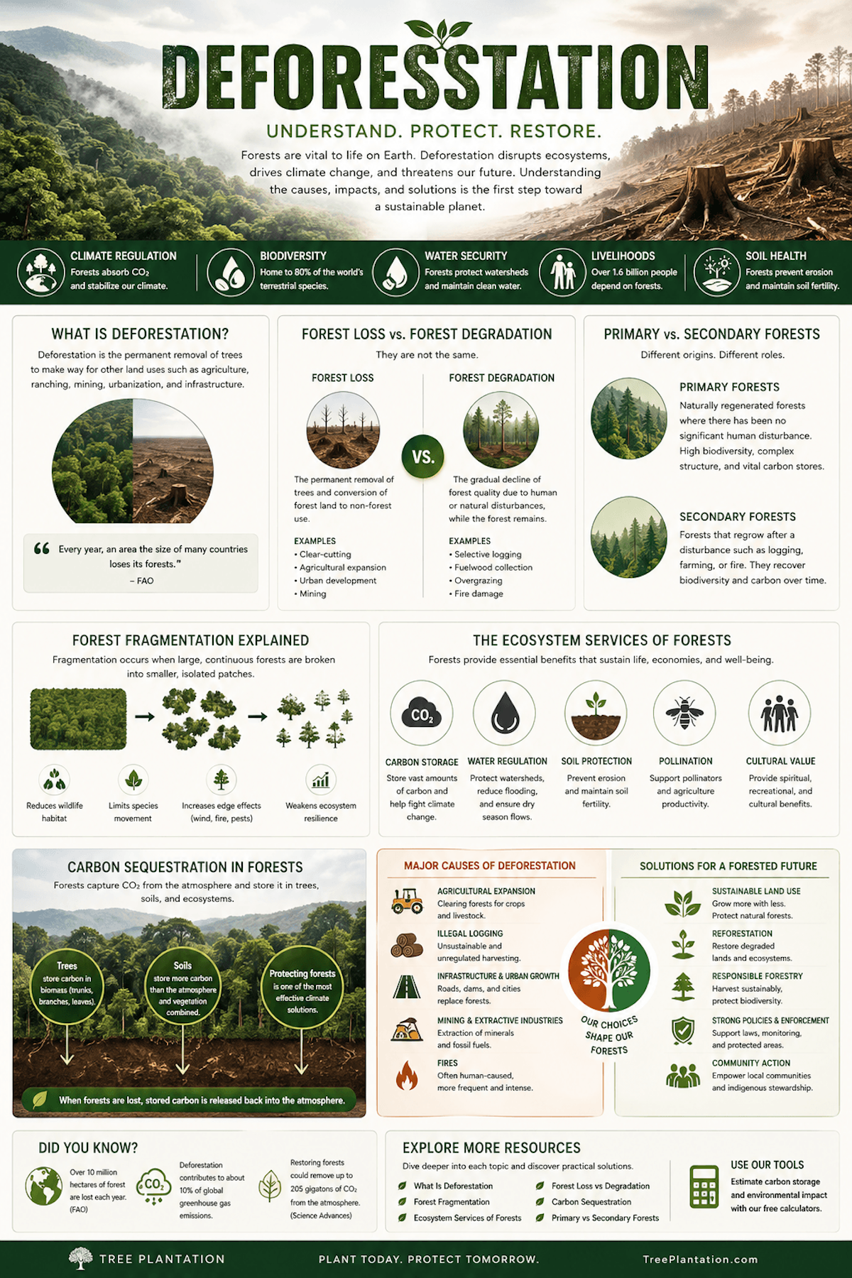 Deforestation infographic showing the causes of deforestation, effects on wildlife and ecosystems, and the global scale of forest loss.