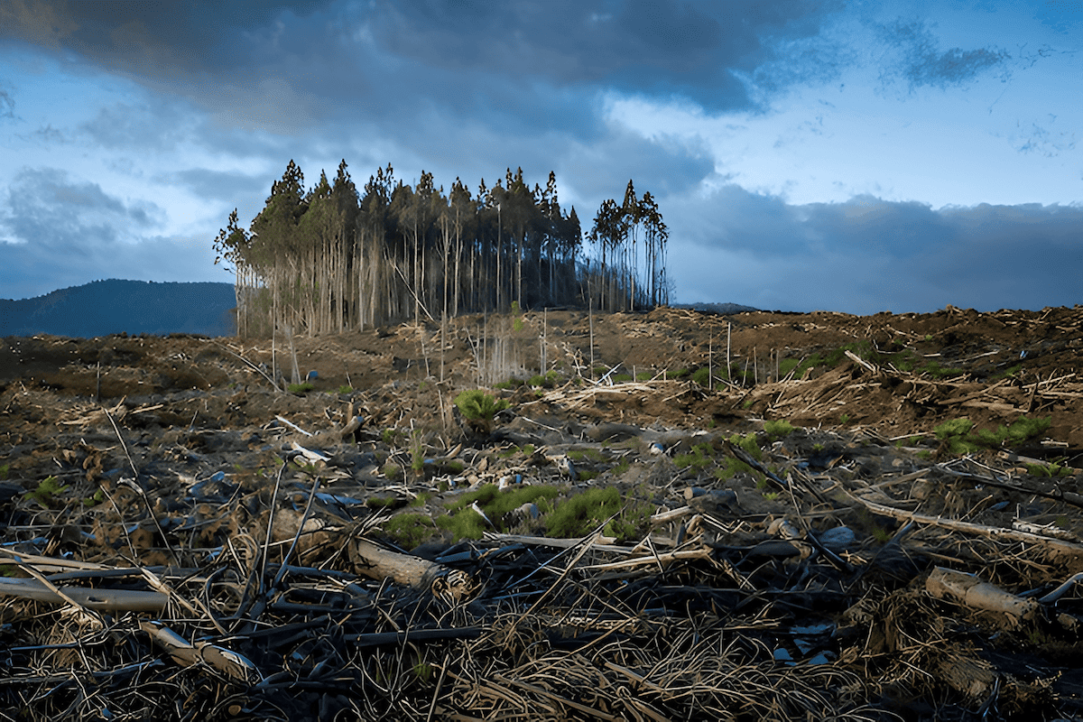Aerial view of deforestation showing cleared forest and remaining tree fragments
