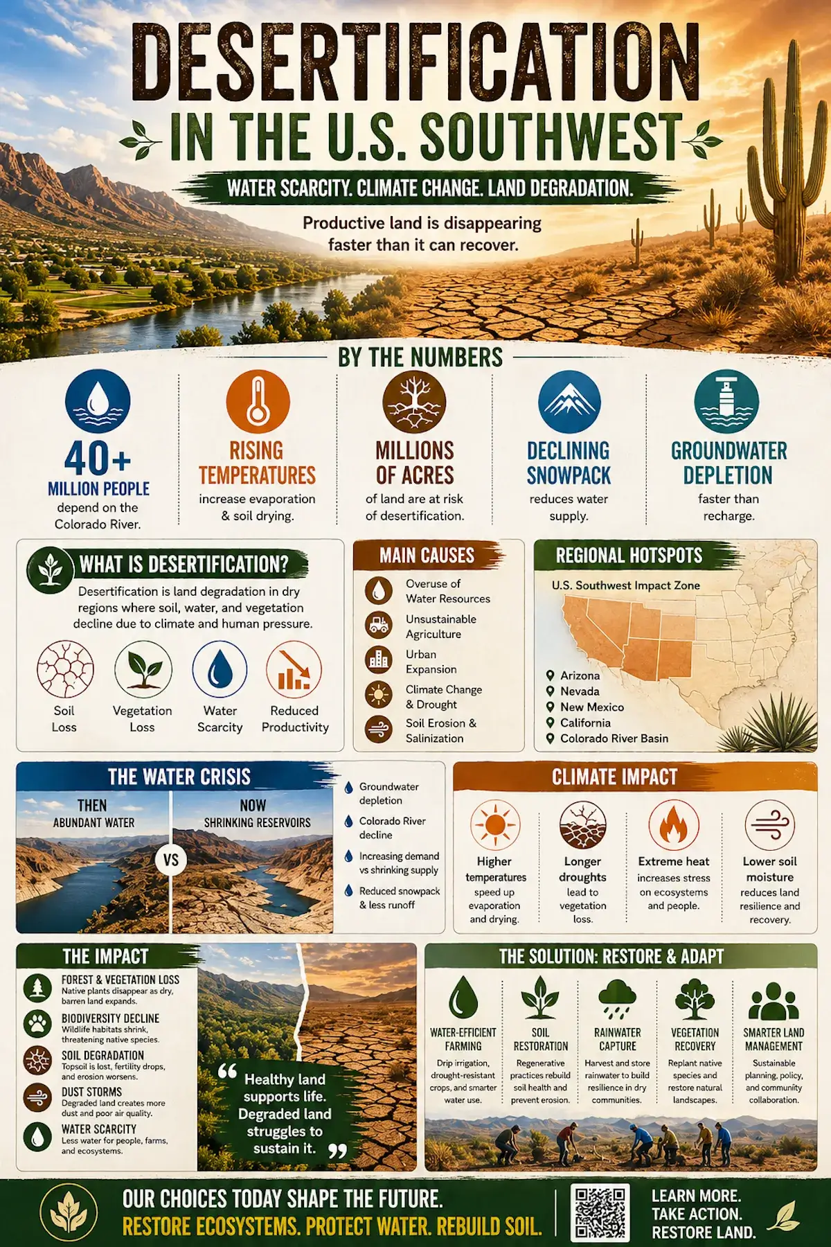 Desertification in the U.S. Southwest infographic showing water scarcity, climate change, land degradation, Colorado River stress, groundwater depletion, declining snowpack, soil loss, regional hotspots, and dryland restoration solutions.
