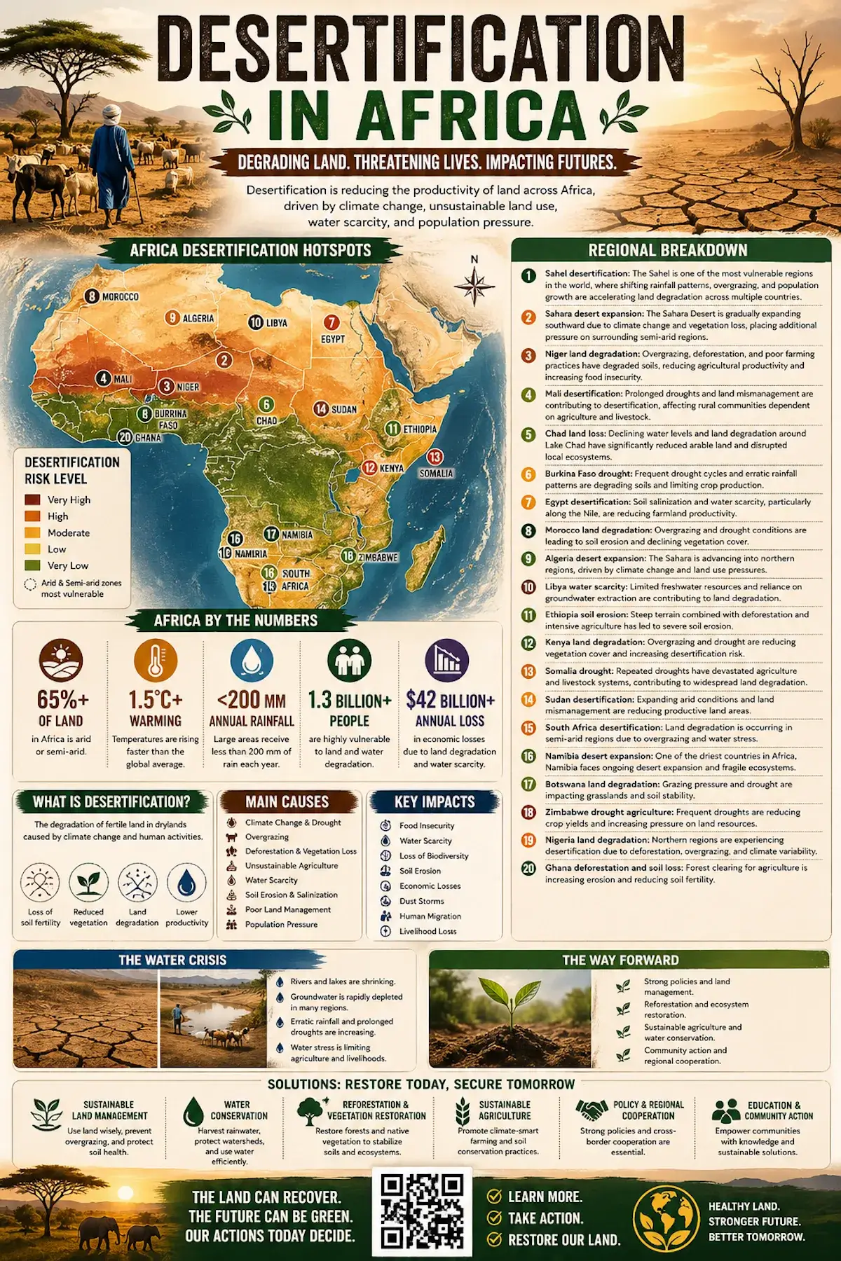 Desertification in Africa infographic showing regional hotspots, Sahel desertification, Sahara expansion, land degradation, drought, water scarcity, soil erosion, overgrazing, deforestation, food insecurity, and restoration solutions.