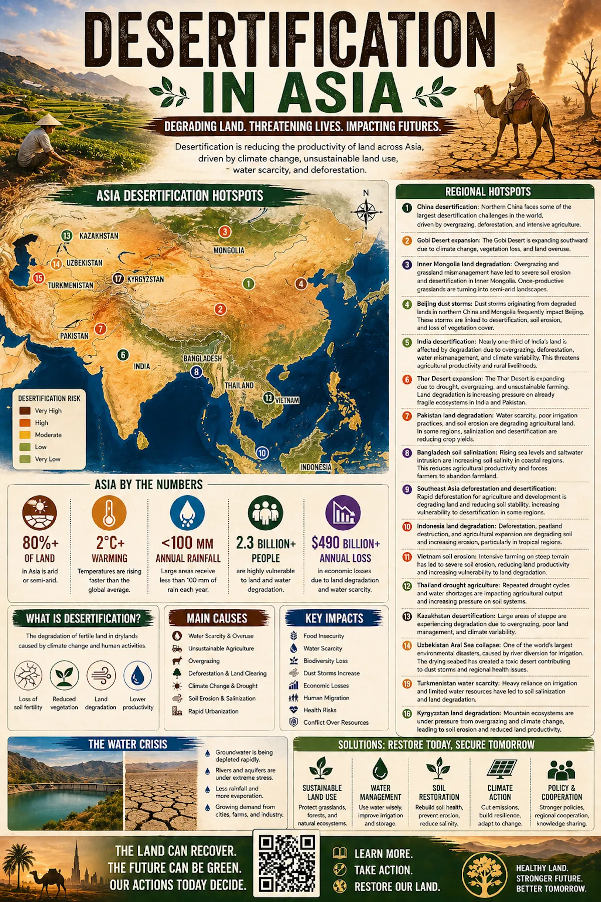 Desertification in Asia infographic showing regional hotspots, land degradation, water scarcity, drought, soil erosion, deforestation, climate change, agricultural pressure, food insecurity, dust storms, and restoration solutions.