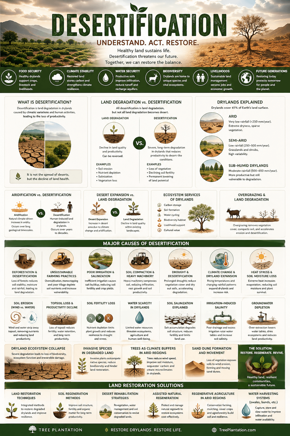 Desertification infographic showing the causes of desertification, global areas at risk, and solutions such as planting vegetation, sustainable farming, and water management.