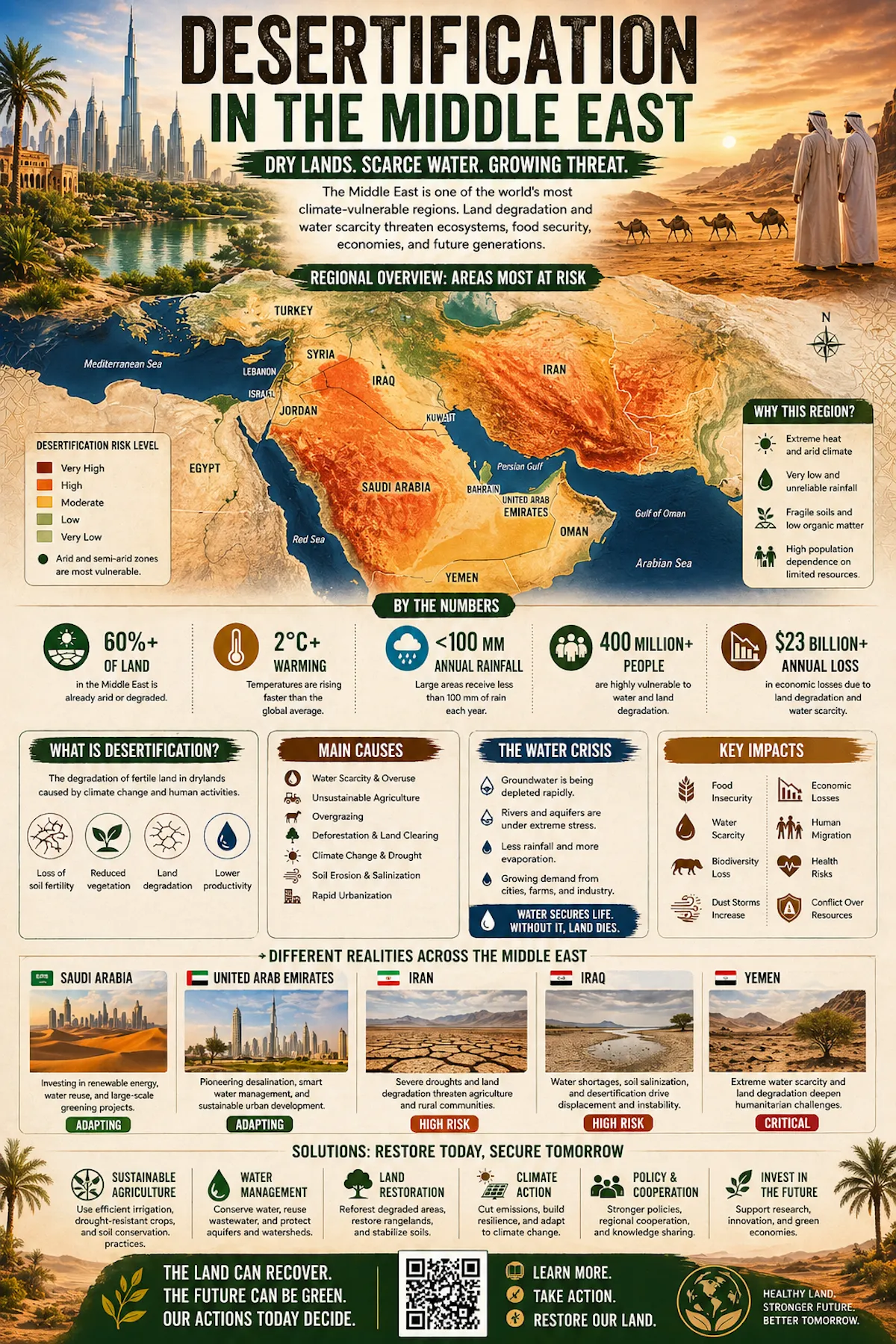 Desertification in the Middle East infographic showing arid land, scarce water, rising temperatures, low rainfall, groundwater depletion, drought, soil degradation, affected countries, food insecurity, biodiversity loss, economic losses, and land restoration solutions.