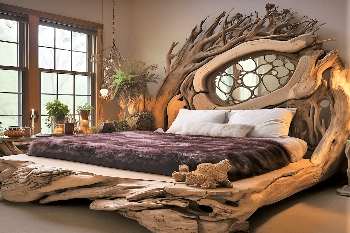 a king size bed made out of freshwater driftwood