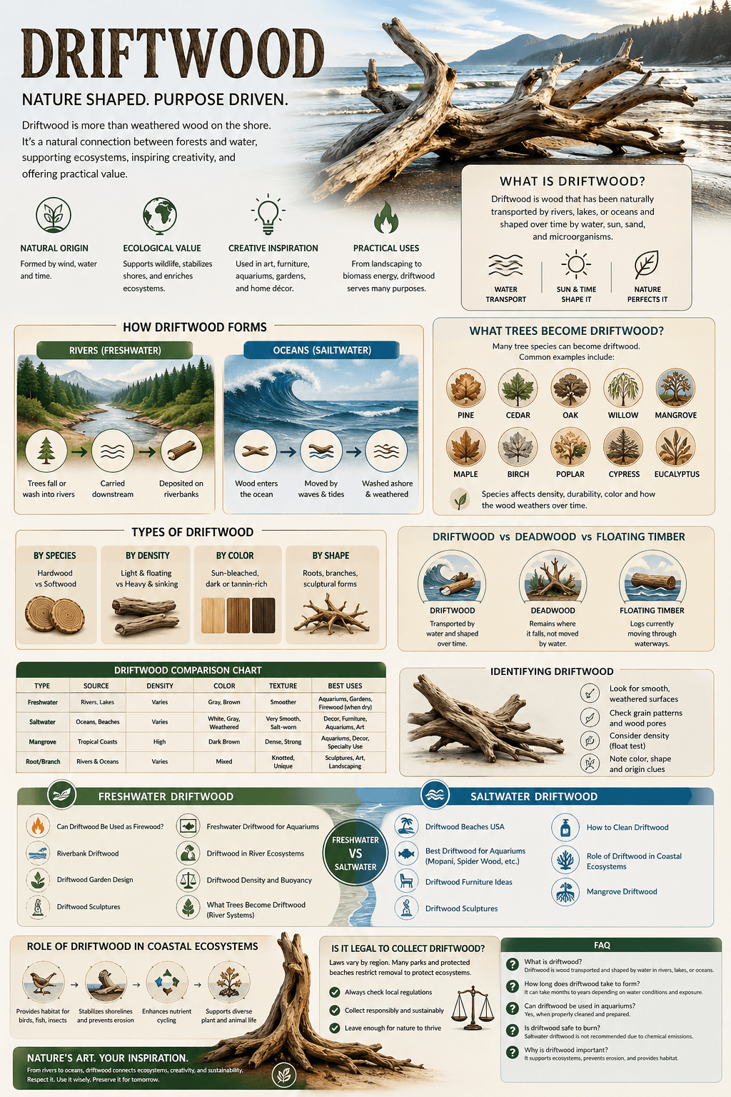 Driftwood infographic explaining how driftwood forms, what trees become driftwood, freshwater vs saltwater driftwood, identification tips, ecosystem benefits, legal collection rules, and common uses.