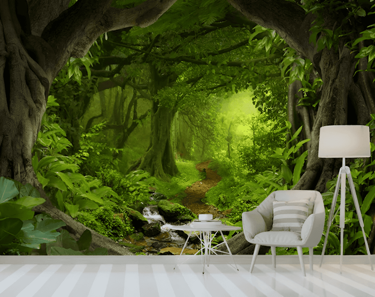 Enchanted forest wall mural with a path leading to a magical woodland
