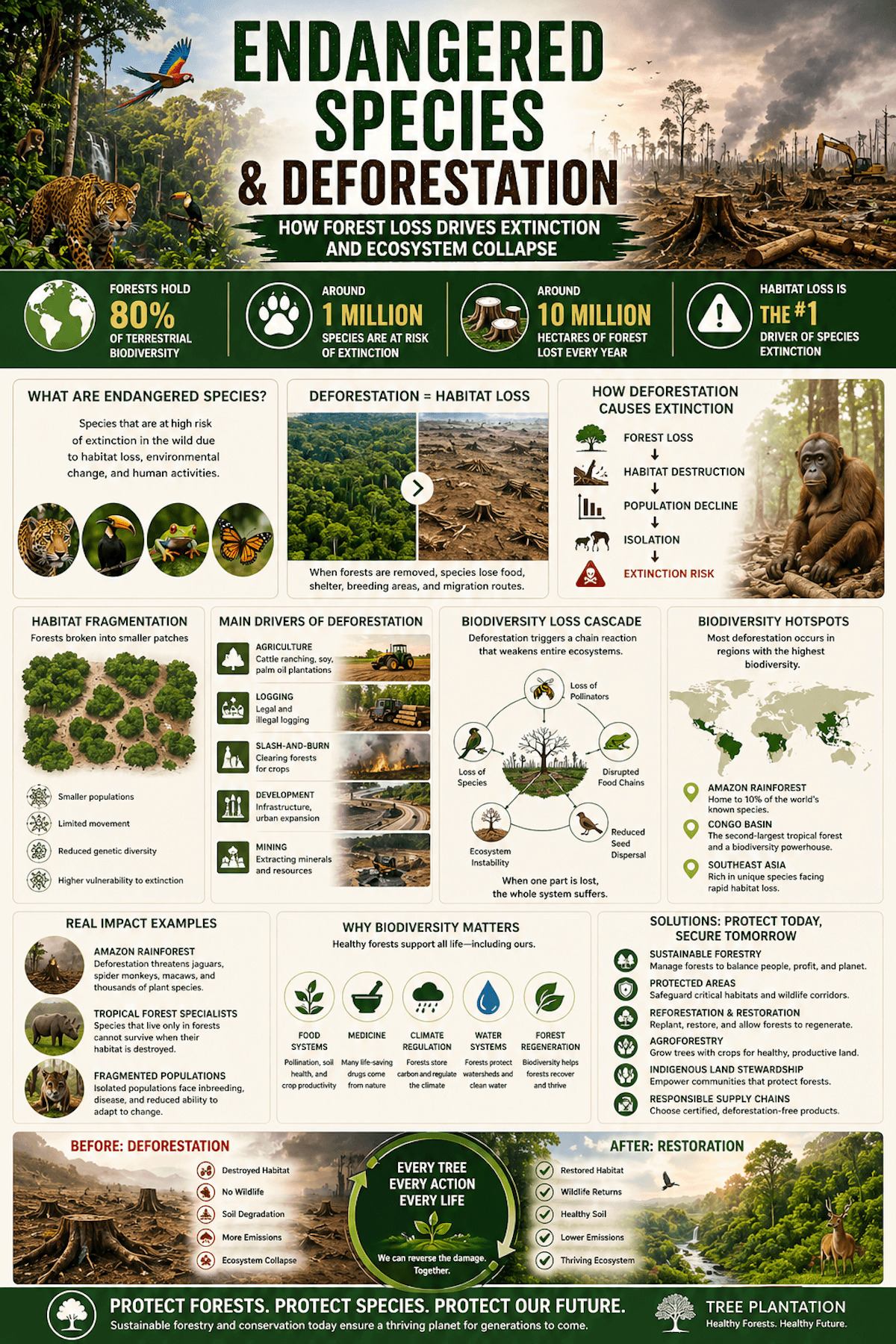 Endangered species and deforestation infographic showing how forest loss drives extinction, habitat loss, biodiversity decline, and ecosystem collapse.
