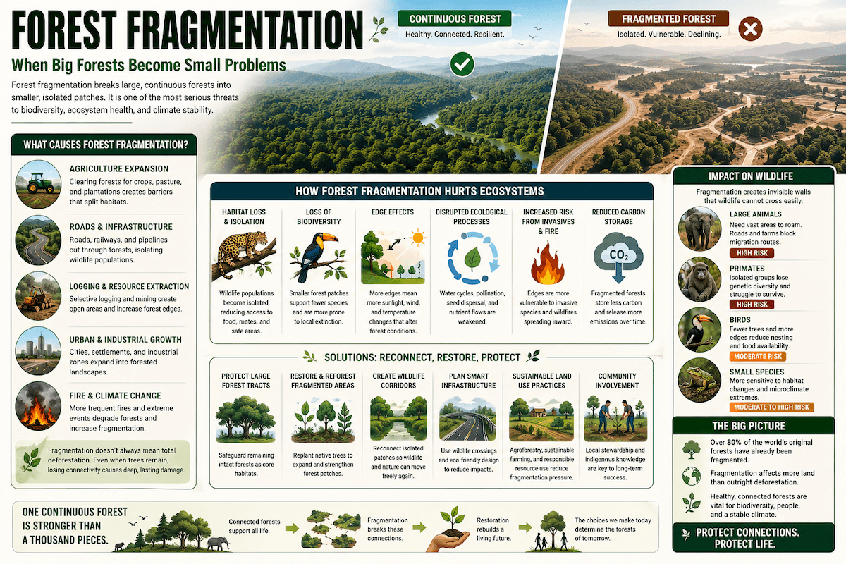 Forest fragmentation infographic showing causes, impacts on wildlife, ecosystem damage, and solutions like habitat corridors and reforestation