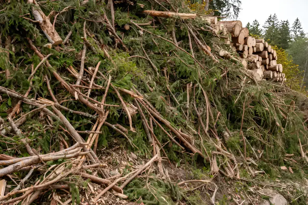 Forest residues including branches, bark, and wood chips used for biomass energy production