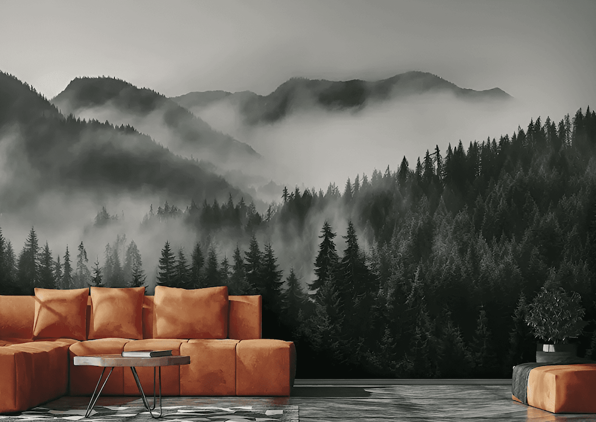 Living room with a forest wall mural as a nature-themed feature wall