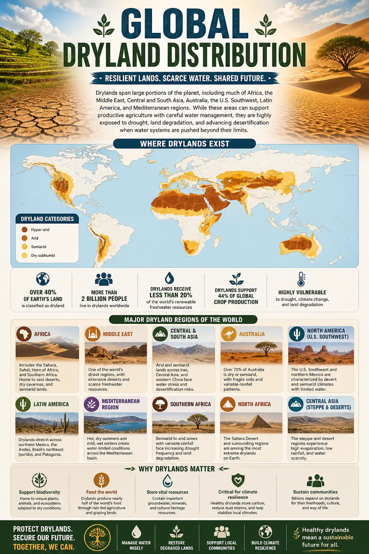 Global dryland distribution infographic showing dryland regions across Africa, the Middle East, Central and South Asia, Australia, North America, Latin America, the Mediterranean, Southern Africa, North Africa, and Central Asia, with dryland categories including hyper-arid, arid, semiarid, and dry subhumid regions.