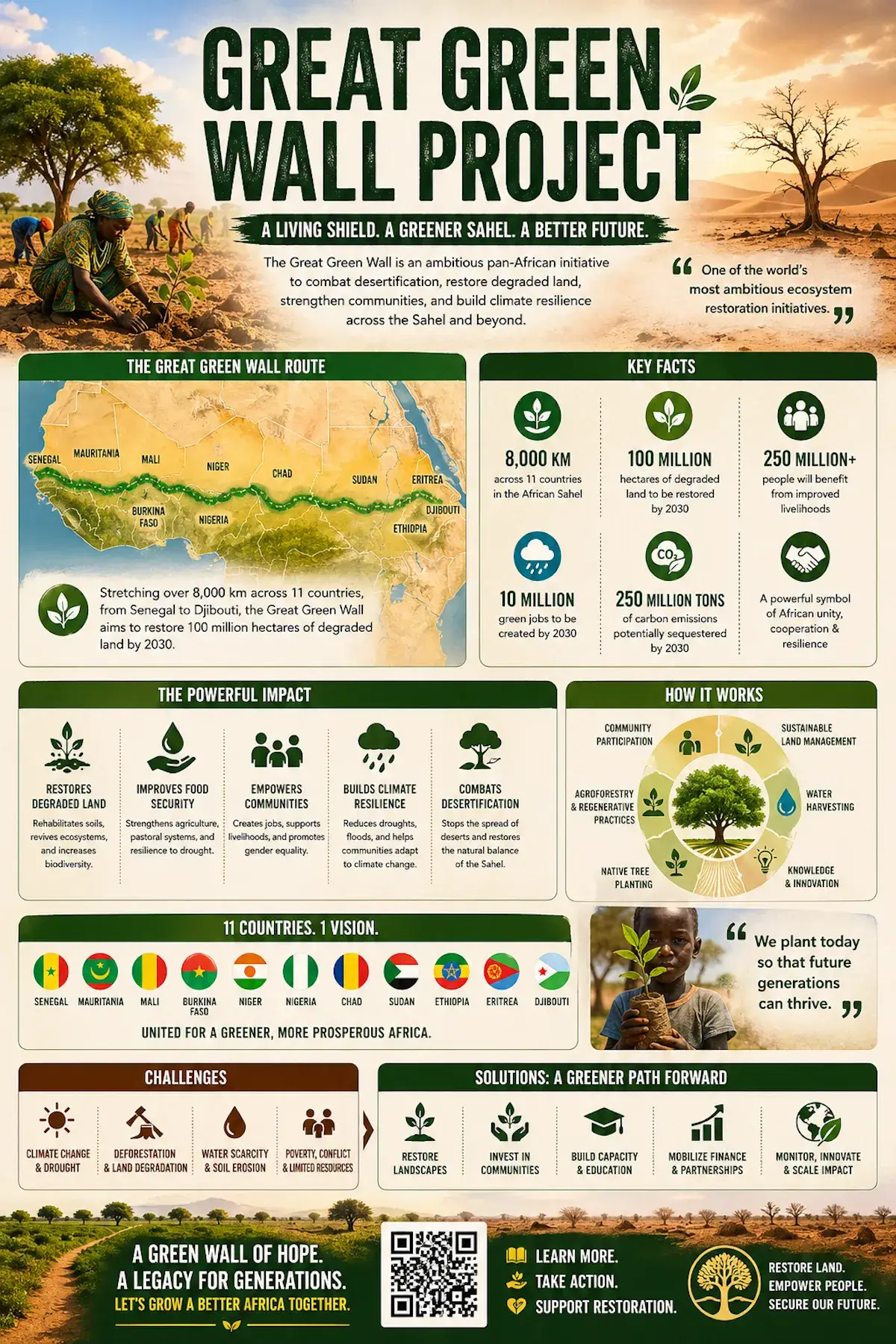 Great Green Wall Project infographic showing the Sahel restoration route, 11 participating countries, land restoration goals, food security benefits, climate resilience, community impact, challenges, and restoration solutions.