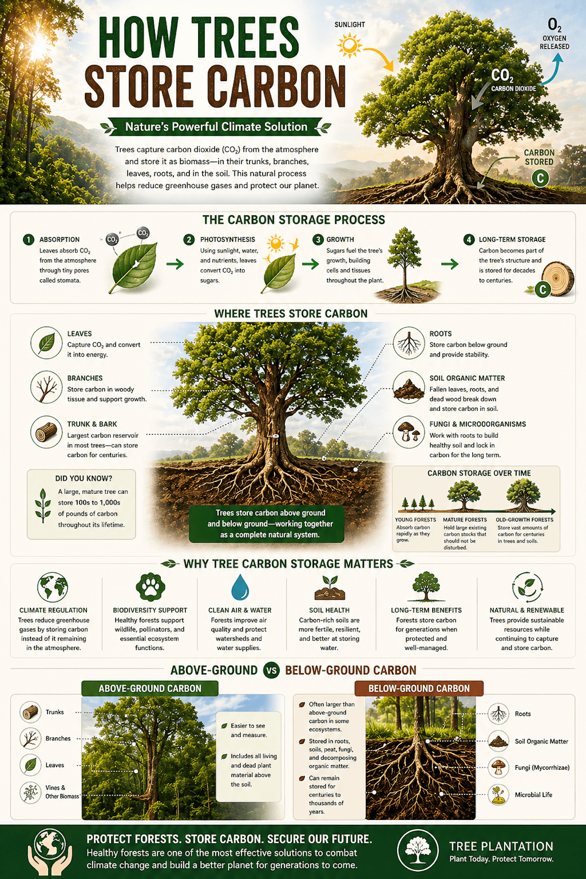 How trees store carbon infographic showing photosynthesis, carbon storage in trunks, branches, leaves, roots, soil organic matter, fungi, and above-ground versus below-ground carbon.