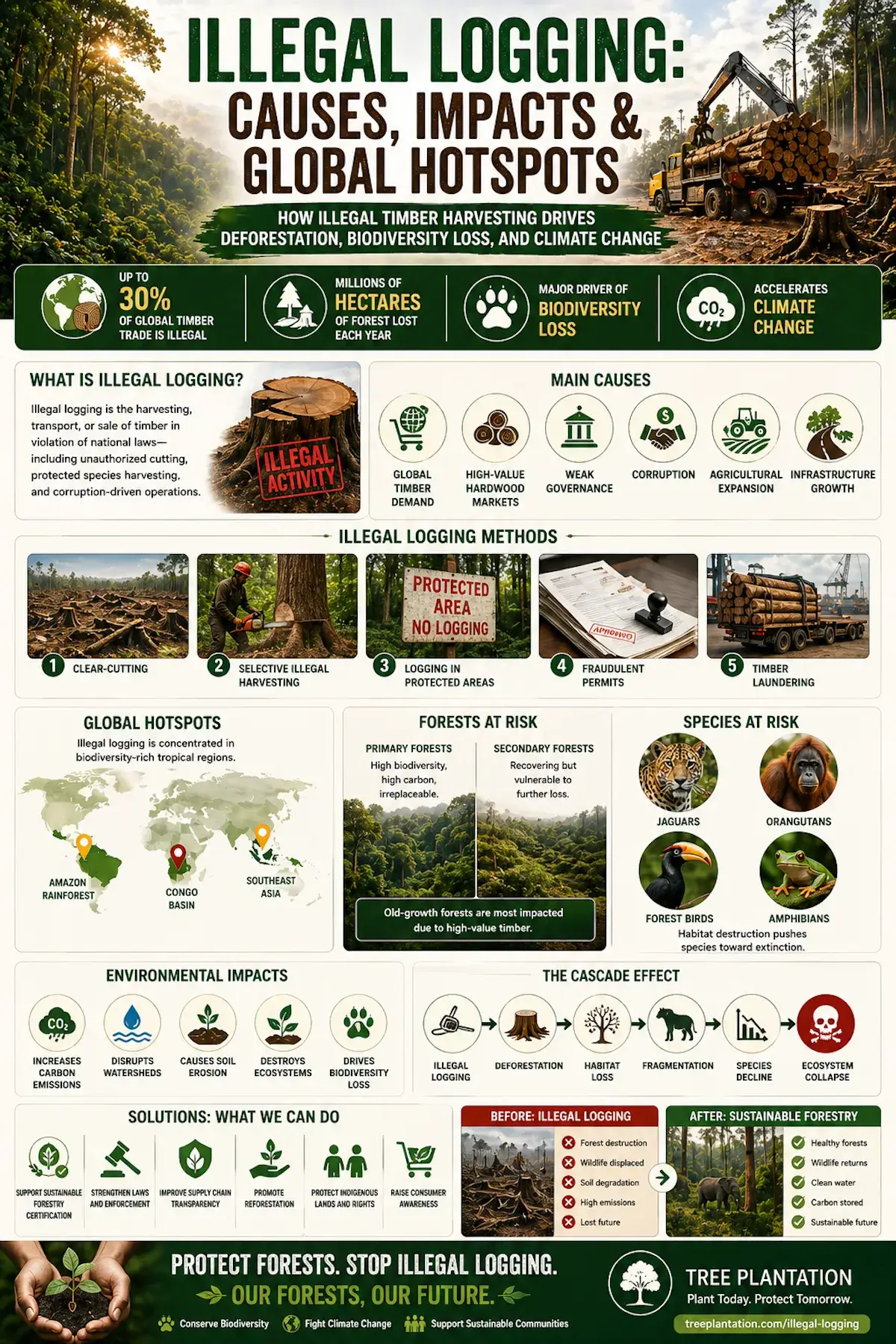 Illegal logging infographic showing causes, impacts, global hotspots, illegal logging methods, species at risk, environmental damage, and sustainable forestry solutions.