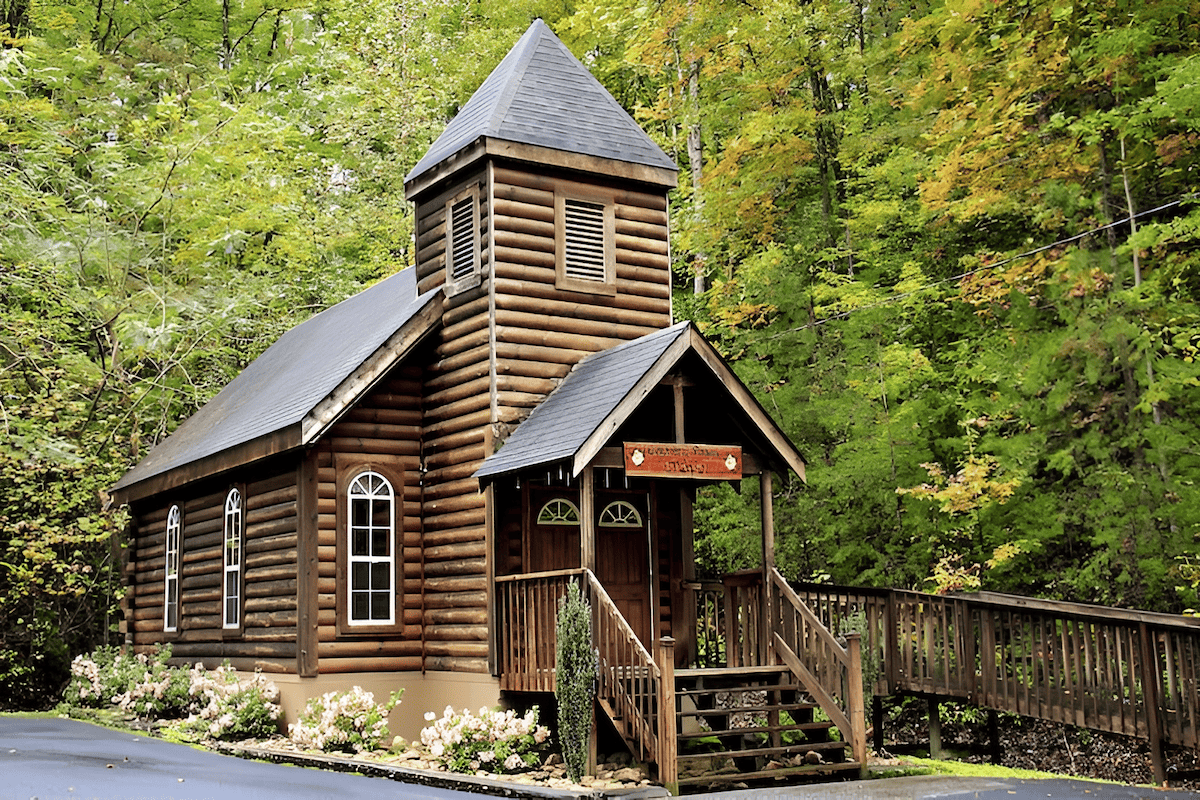 rustic wood log church built from stacked timber